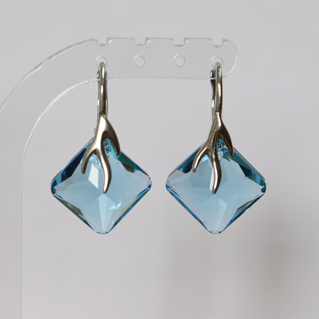 Boucles d'oreilles, cristaux Swarovski, argent rhodié, bleu aquamarine, AGATHE