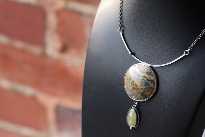 Necklace with multicolored jasper and yellow sapphire, patinated 925 silver