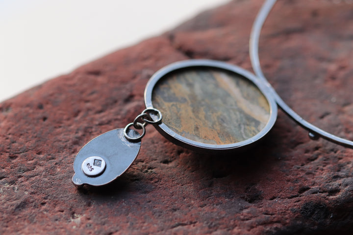 Necklace with multicolored jasper and yellow sapphire, patinated 925 silver