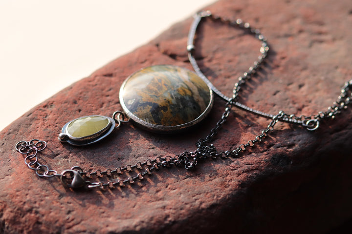 Necklace with multicolored jasper and yellow sapphire, patinated 925 silver