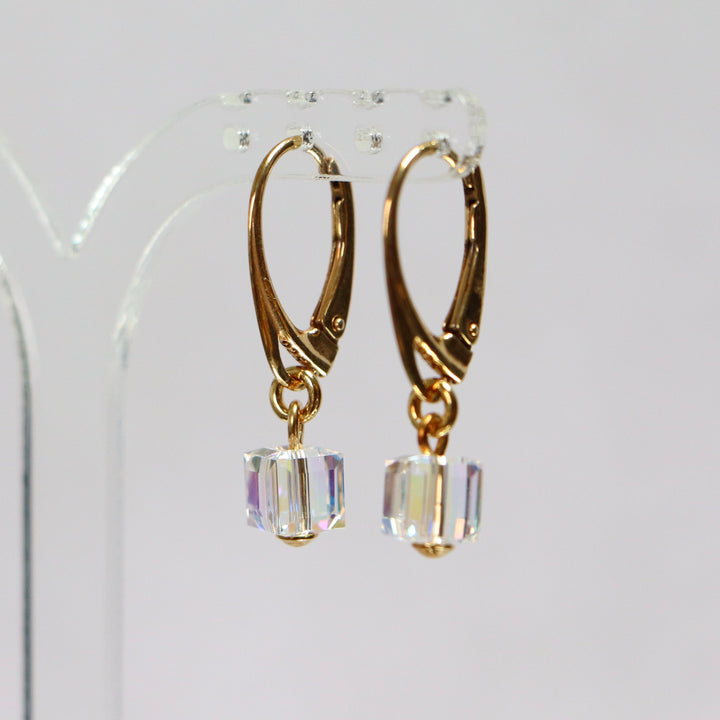 Boucles d'oreilles avec cristaux Swarovski, cristal AB, argent doré, CARRE