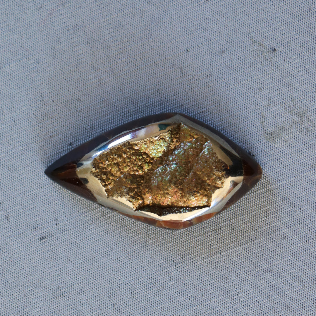 Pyritisierter Ammonit, tAM_P072, Cabochon-Schliff, 45x24x9 mm; 15,8 g;