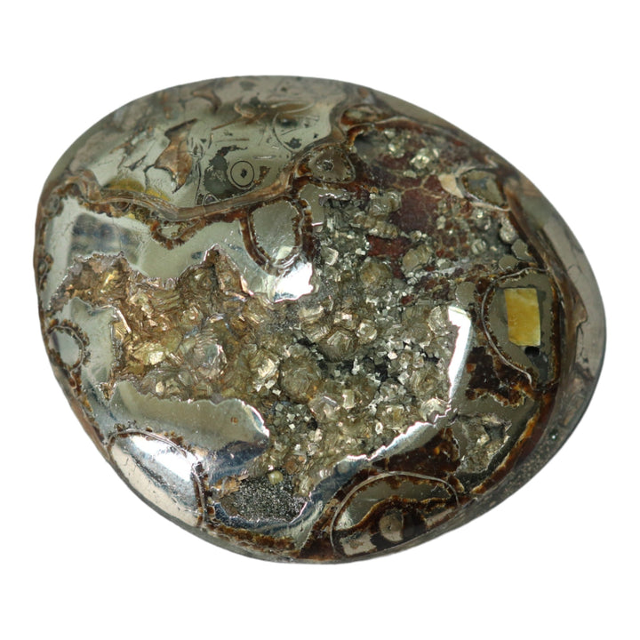 Pyritized ammonite, AM_P067, cabochon cut, 47x39x11mm; 29.3g;