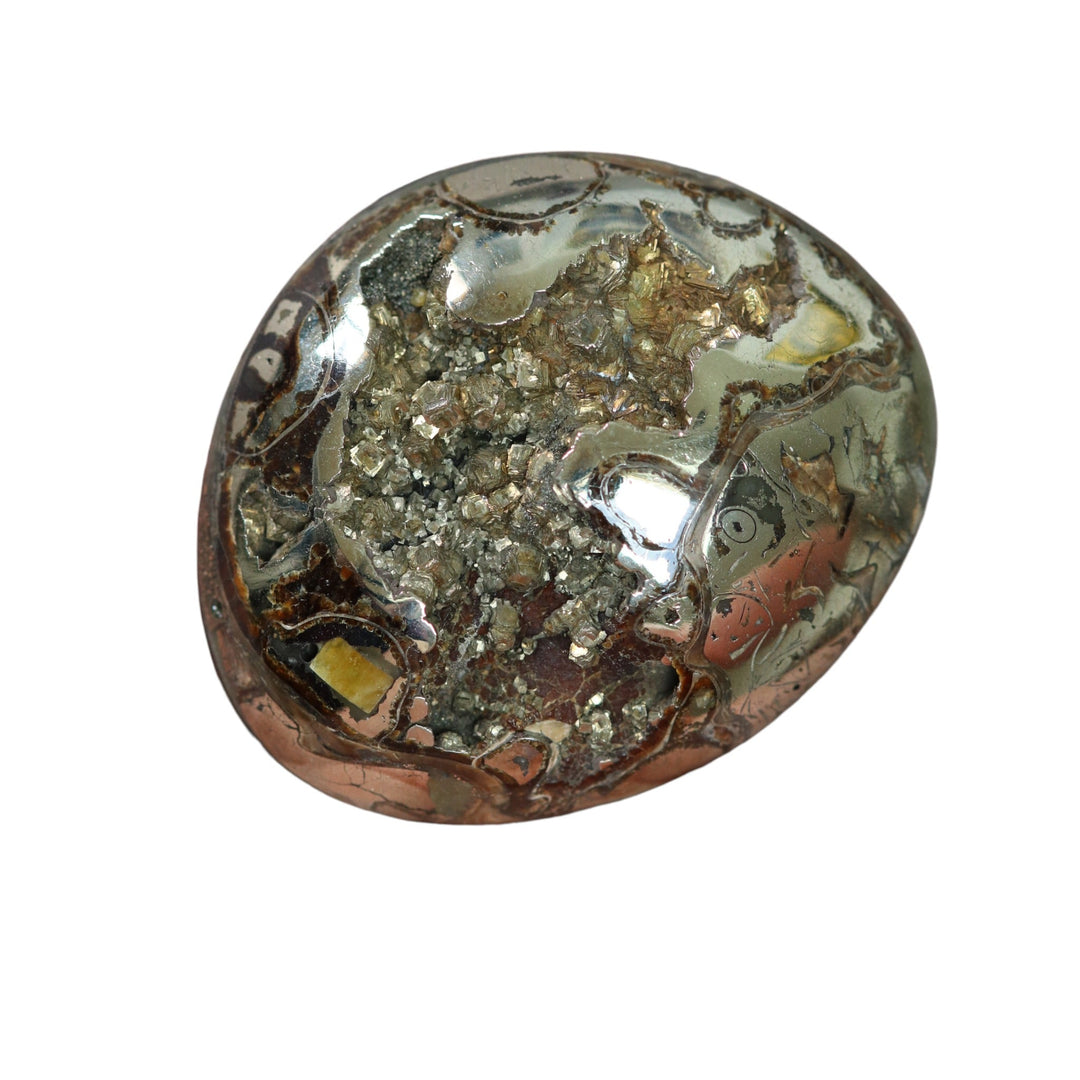 Pyritized ammonite, AM_P067, cabochon cut, 47x39x11mm; 29.3g;