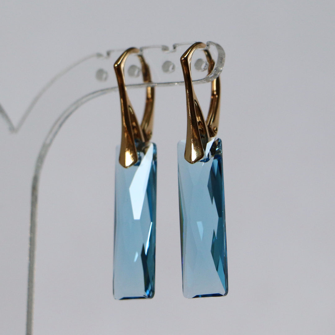 Boucles d'oreilles, cristaux Swarovski, argent doré, bleu aquamarine, NORA