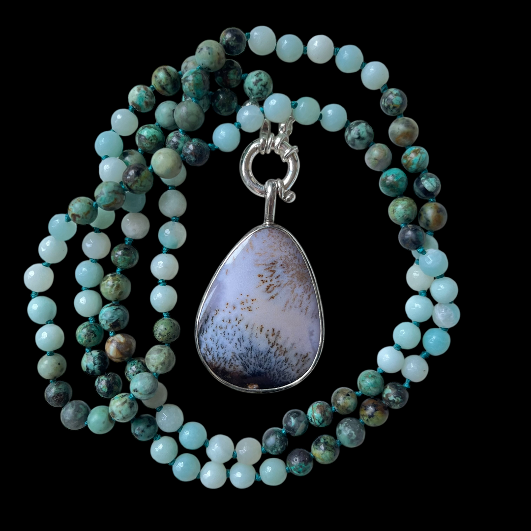 Collier MALA en amazonite et Pendentif en agate dendritique