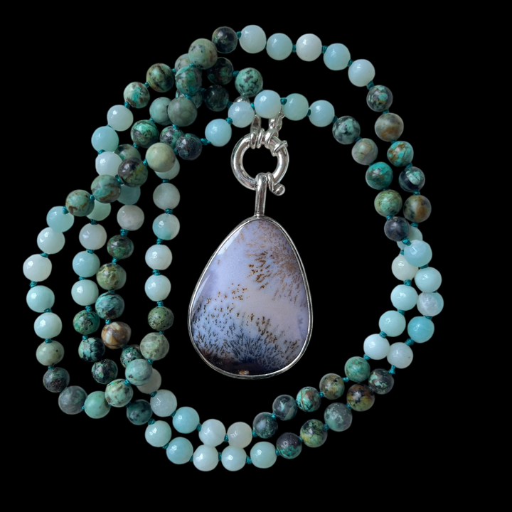 Collier MALA en amazonite et Pendentif en agate dendritique