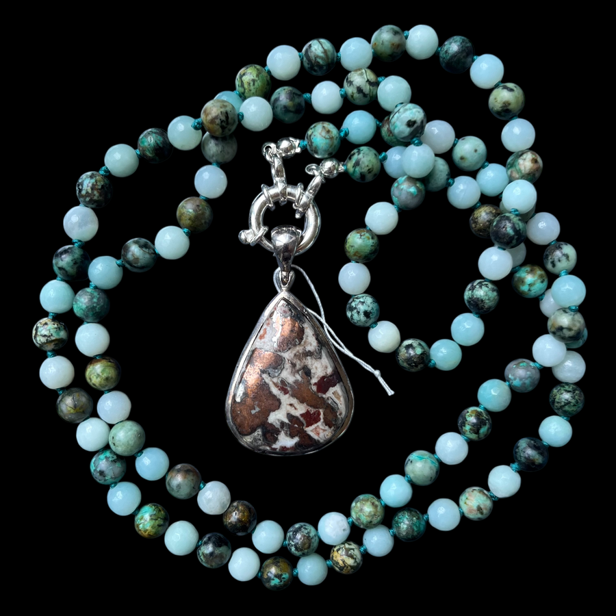Collier MALA en amazonite et Pendentif en cuivre