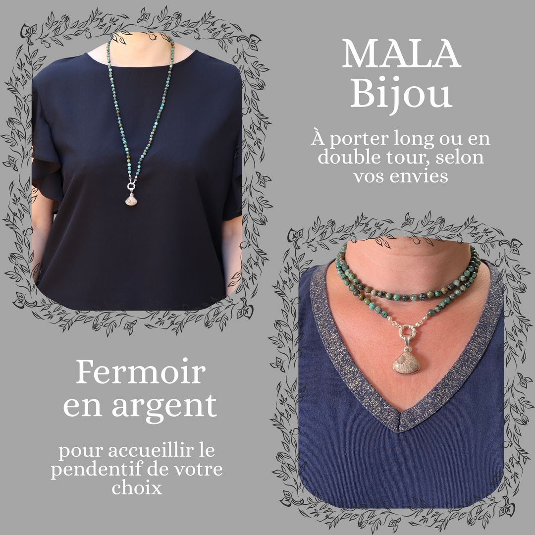 Mala necklace in jasper ("African turquoise") and pendant in fossilized coral