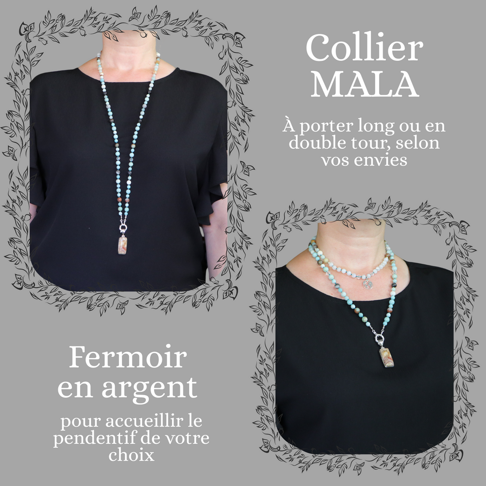 Collier MALA en amazonite et labradorite blanche & Pendentif en corail fossilisé