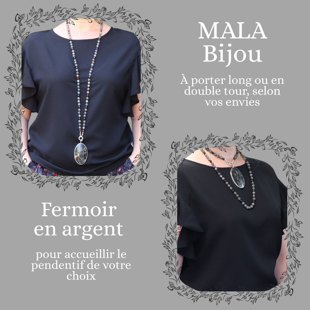 Mala-Halskette aus Labradorit und Granat mit Anhänger aus Glimmerschiefer und Granat