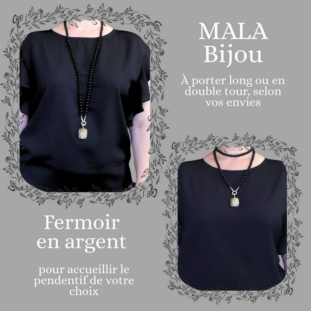 Mala-Kette aus Obsidian und Anhänger aus Rutilquarz