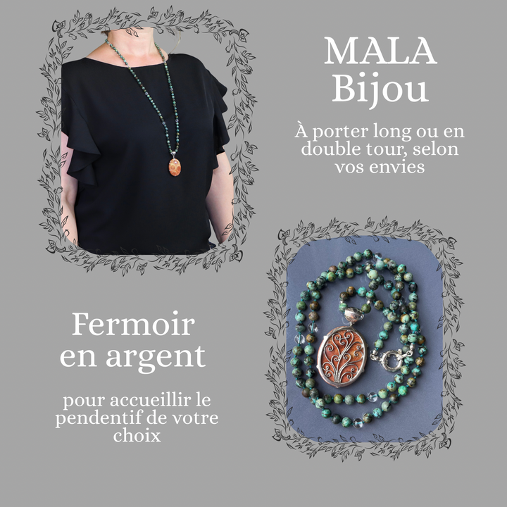 Collier MALA en jaspe ("turquoise africaine") et Pendentif en corail fossilisé orange