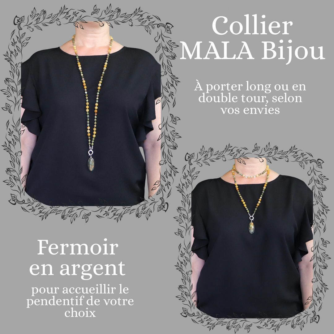 Collier MALA rhyolite, aventurine orange et Pendentif en labradorite dorée