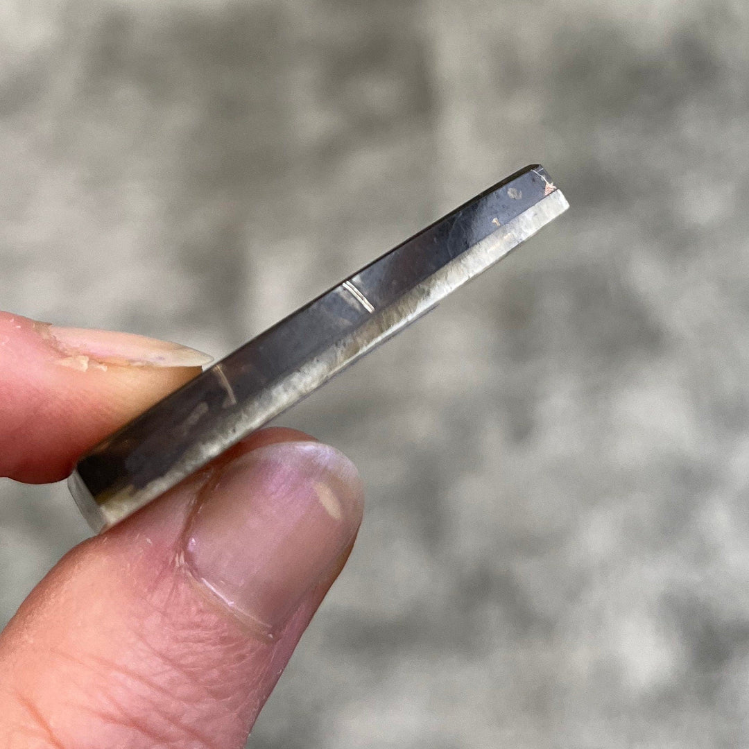 Pyritized ammonite, AM_P060, cabochon size, 41x21x6 mm; 15g;