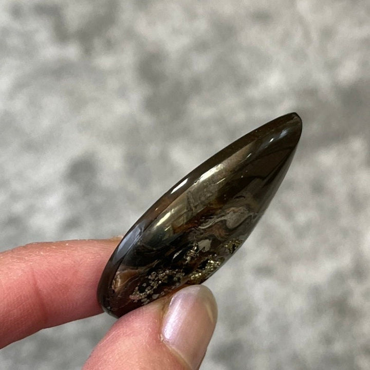 Pyritisierter Ammonit, AM_P078, Cabochon-Schliff, 48x34x8 mm; 18,8 g;