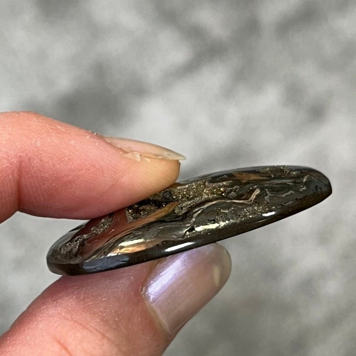 Pyritisierter Ammonit, AM_P077, Cabochongröße, 43x30x7 mm; 14,8 g;