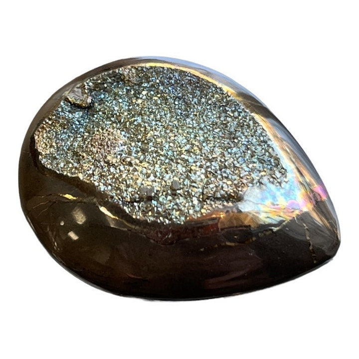 Pyritisierter Ammonit, AM_P108, Cabochon-Schliff, 31x25x7 mm; 8,8 g;