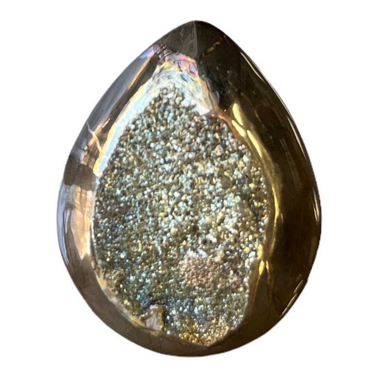 Pyritisierter Ammonit, AM_P108, Cabochon-Schliff, 31x25x7 mm; 8,8 g;