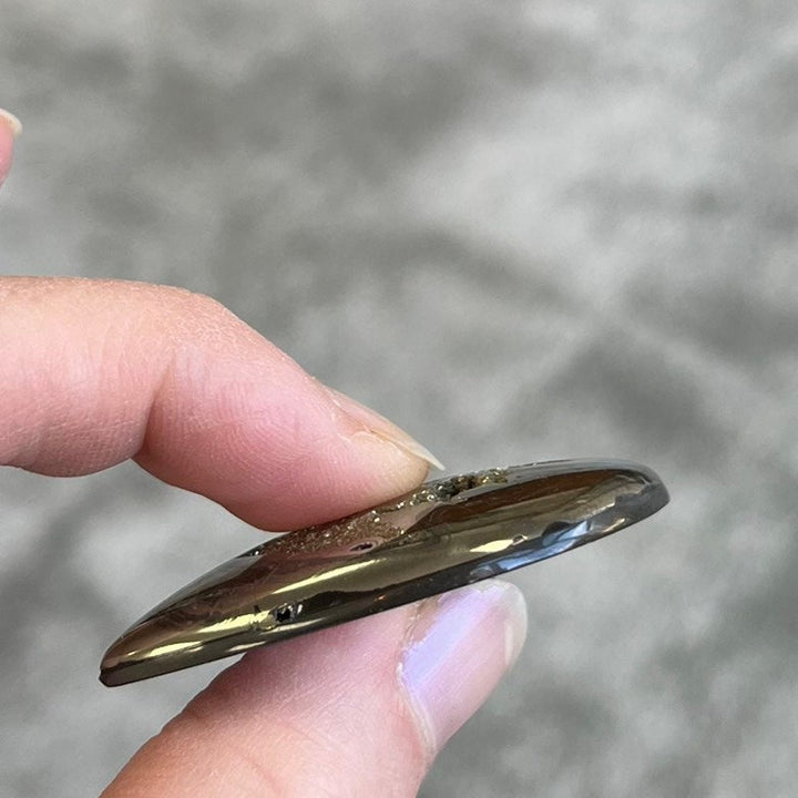 Pyritisierter Ammonit, AM_P079, Cabochon-Schliff, 48x38x7 mm; 23 g;