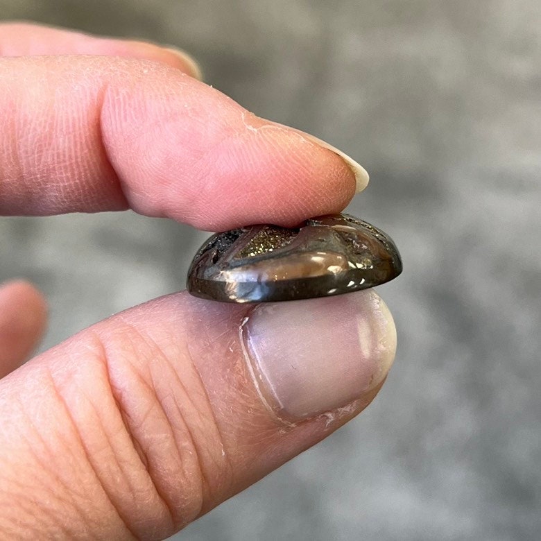 Pyritized ammonite, AM_P105, cabochon cut, 29x21x6 mm; 5.7g