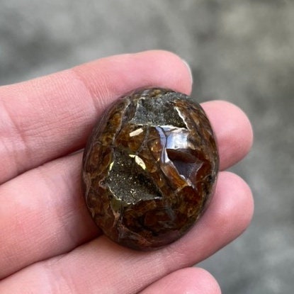 Pyritisierter Ammonit, AM_P053, Cabochon-Schliff, 36x26x14 mm; 17,3 g;