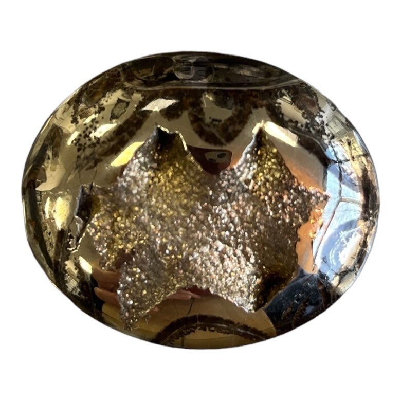 Pyritisierter Ammonit, AM_P064, Cabochon-Schliff, 46x37x10 mm; 26,8 g;