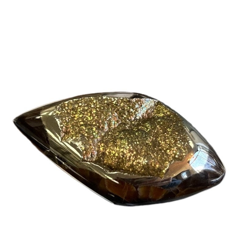 Pyritisierter Ammonit, tAM_P072, Cabochon-Schliff, 45x24x9 mm; 15,8 g;