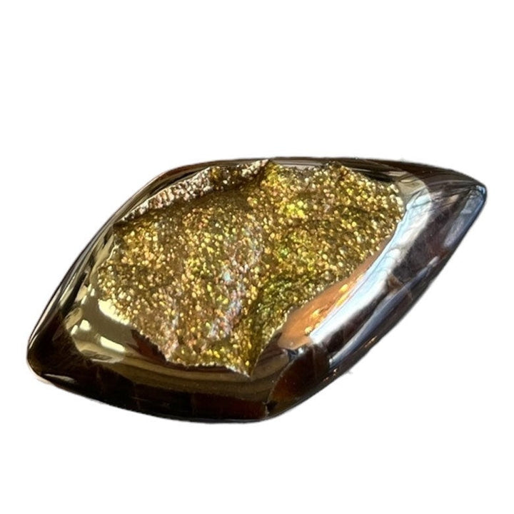 Pyritisierter Ammonit, tAM_P072, Cabochon-Schliff, 45x24x9 mm; 15,8 g;