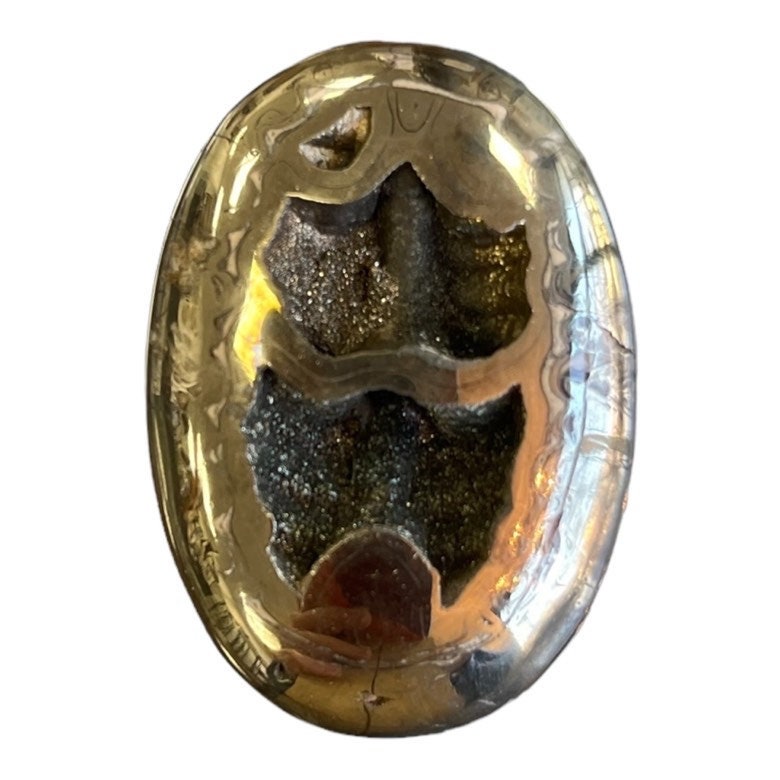 Pyritisierter Ammonit, AM_P073, Cabochon-Schliff, 45x32x7 mm; 20,3 g;