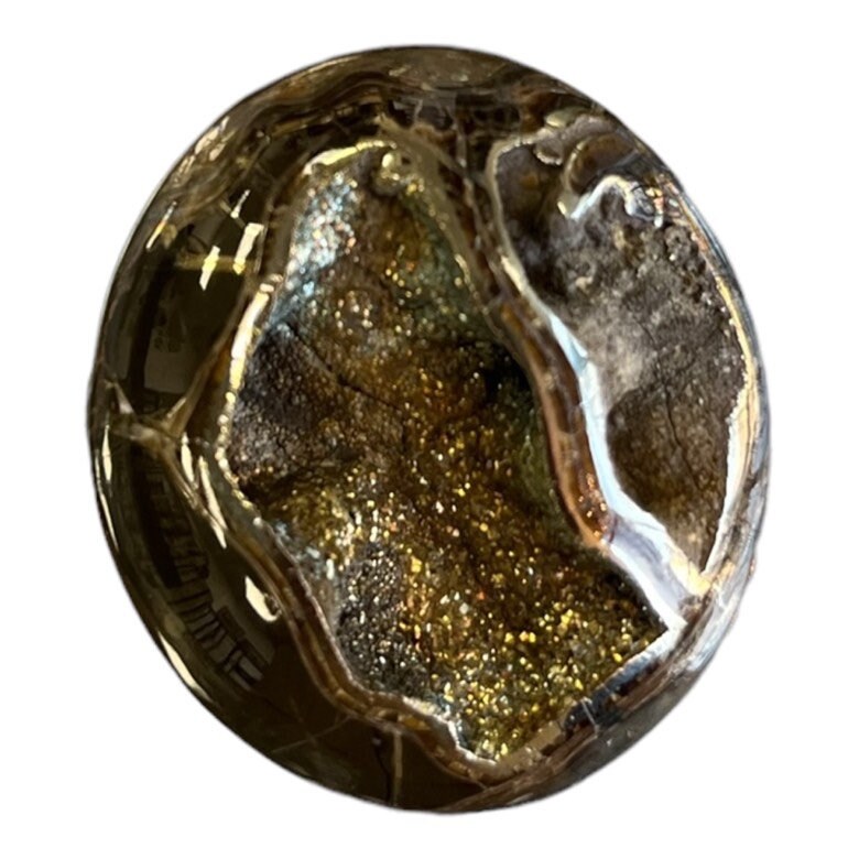 Pyritisierter Ammonit, AM_P045, Cabochon-Schliff, 36 x 31 x 13 mm; 13 g;