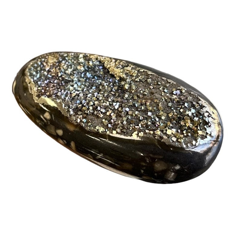 Pyritized ammonite, AM_P071, cabochon cut, 50x25x9 mm; 20g;