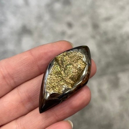 Pyritisierter Ammonit, tAM_P072, Cabochon-Schliff, 45x24x9 mm; 15,8 g;