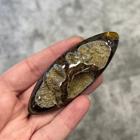 Ammonite pyritisée, AM_P063, taille cabochon, 84x30x15 mm; 42g;