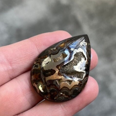 Pyritisierter Ammonit, AM_P030, Cabochon-Schliff, 42x29x7 mm; 12,3 g;