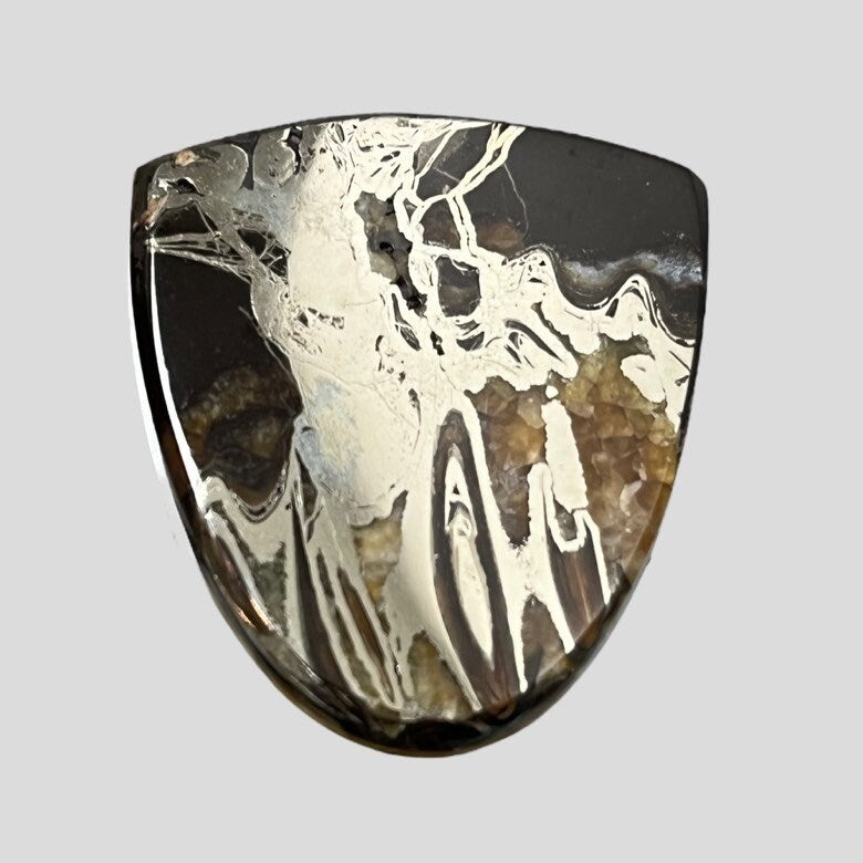 Pyritisierter Ammonit, AM_P048, Cabochon-Schliff, 33 x 30 x 5 mm; 11,7 g