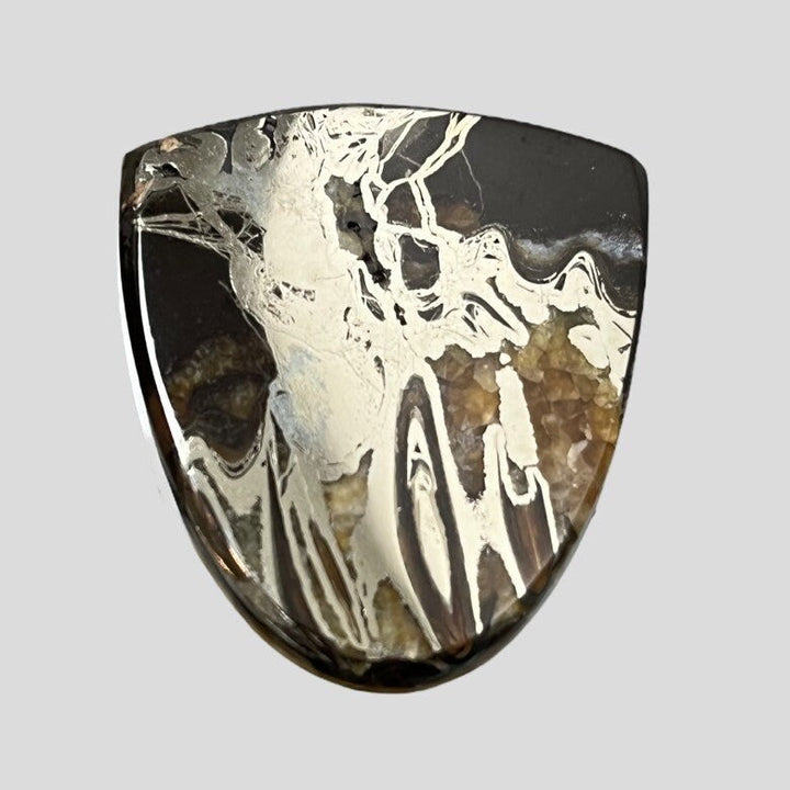 Pyritisierter Ammonit, AM_P048, Cabochon-Schliff, 33 x 30 x 5 mm; 11,7 g