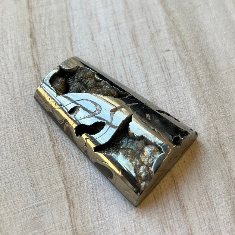 Pyritisierter Ammonit, AM_P068, Cabochon-Schliff, 43x25x11 mm; 25 g;