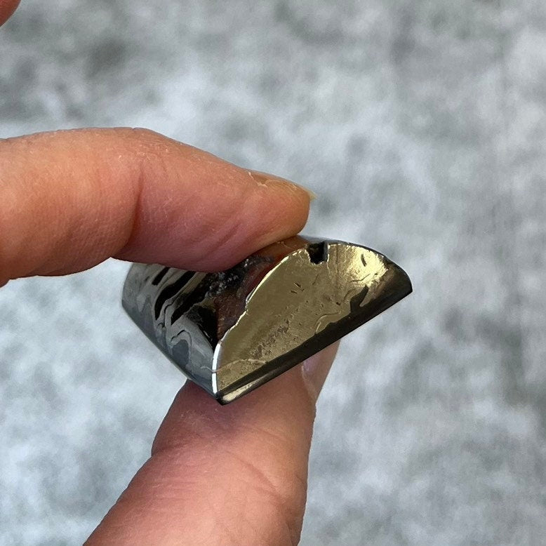 Pyritisierter Ammonit, AM_P068, Cabochon-Schliff, 43x25x11 mm; 25 g;