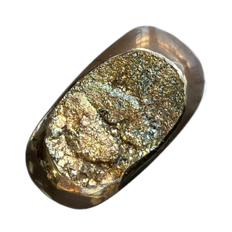 Pyritisierter Ammonit, AM_P085, Cabochon-Schliff, 39x22x8 mm; 12,5 g;