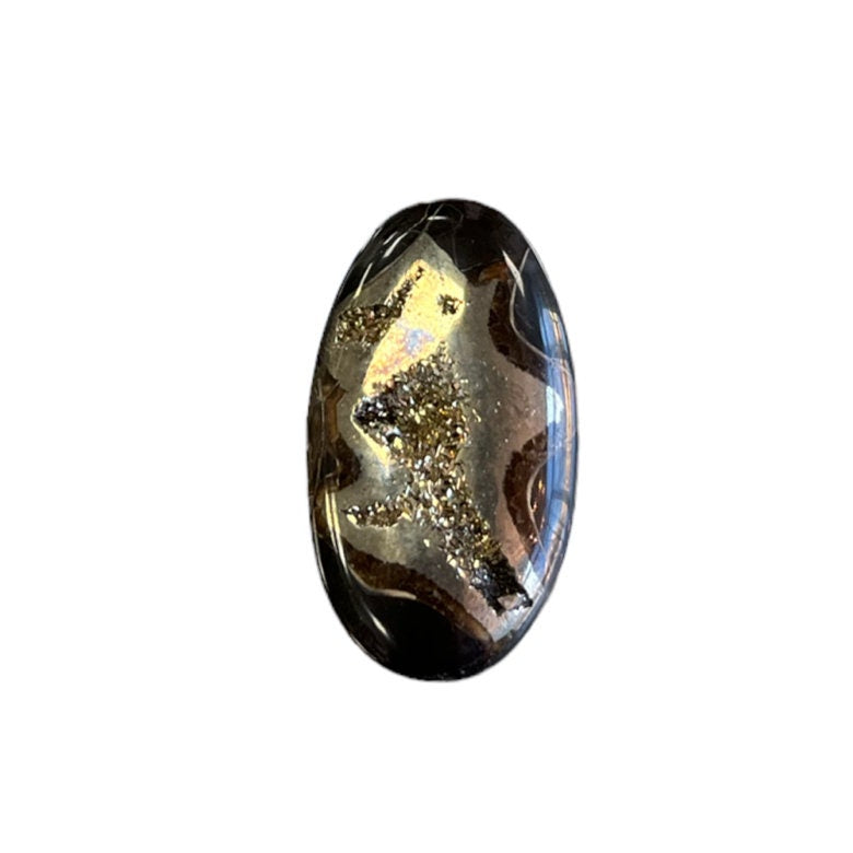 Pyritisierter Ammonit, AM_P098, Cabochon-Schliff, 32 x 18 x 5 mm; 5,3 g