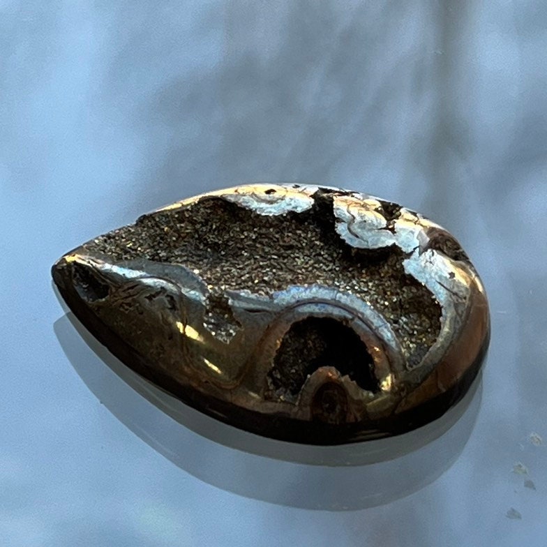 Pyritized ammonite, AM_P105, cabochon cut, 29x21x6 mm; 5.7g