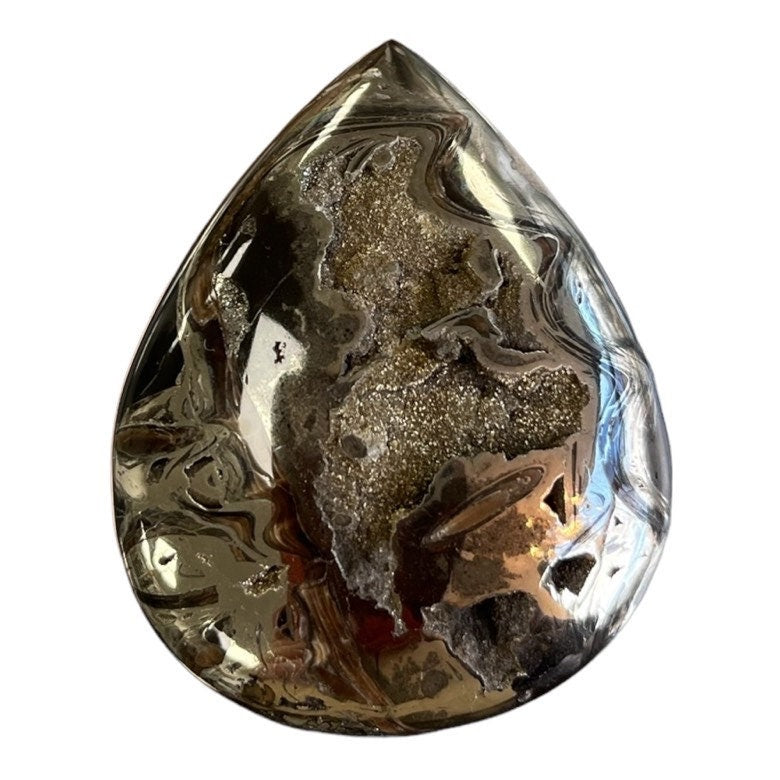 Pyritisierter Ammonit, AM_P081, Cabochon-Schliff, 48x38x7 mm; 21 g;