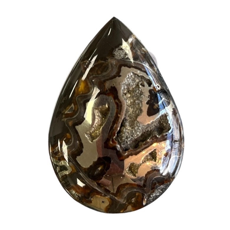 Pyritisierter Ammonit, AM_P030, Cabochon-Schliff, 42x29x7 mm; 12,3 g;