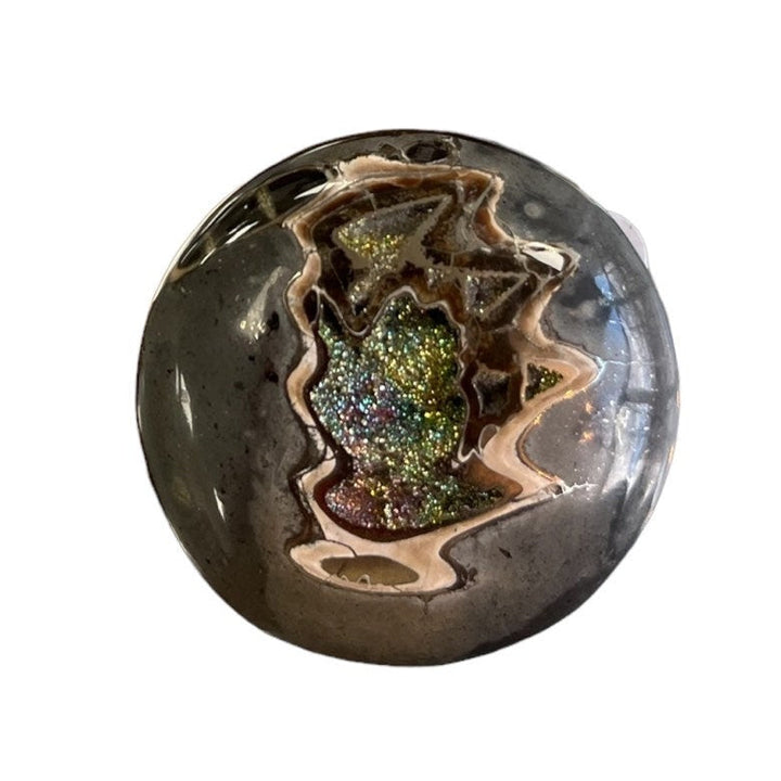 Pyritisierter Ammonit, AM_P090, Cabochon-Schliff, 35x35x7 mm; 13 g;