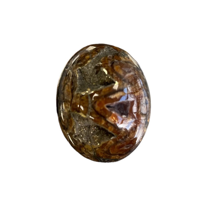 Pyritisierter Ammonit, AM_P053, Cabochon-Schliff, 36x26x14 mm; 17,3 g;