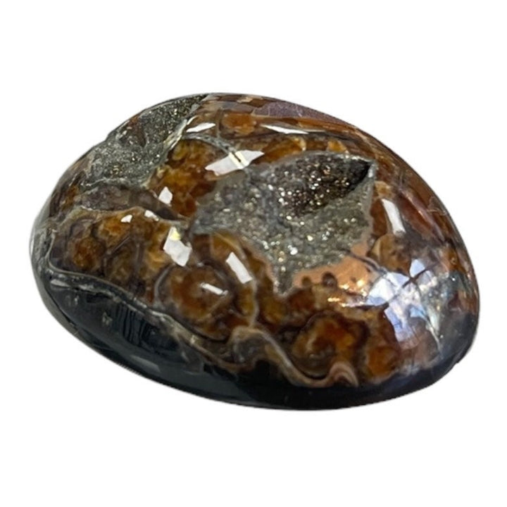 Pyritisierter Ammonit, AM_P053, Cabochon-Schliff, 36x26x14 mm; 17,3 g;