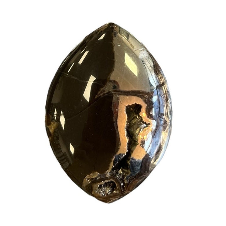 Pyritized ammonite, AM_P075, cabochon cut, 46x33x8 mm; 19g;