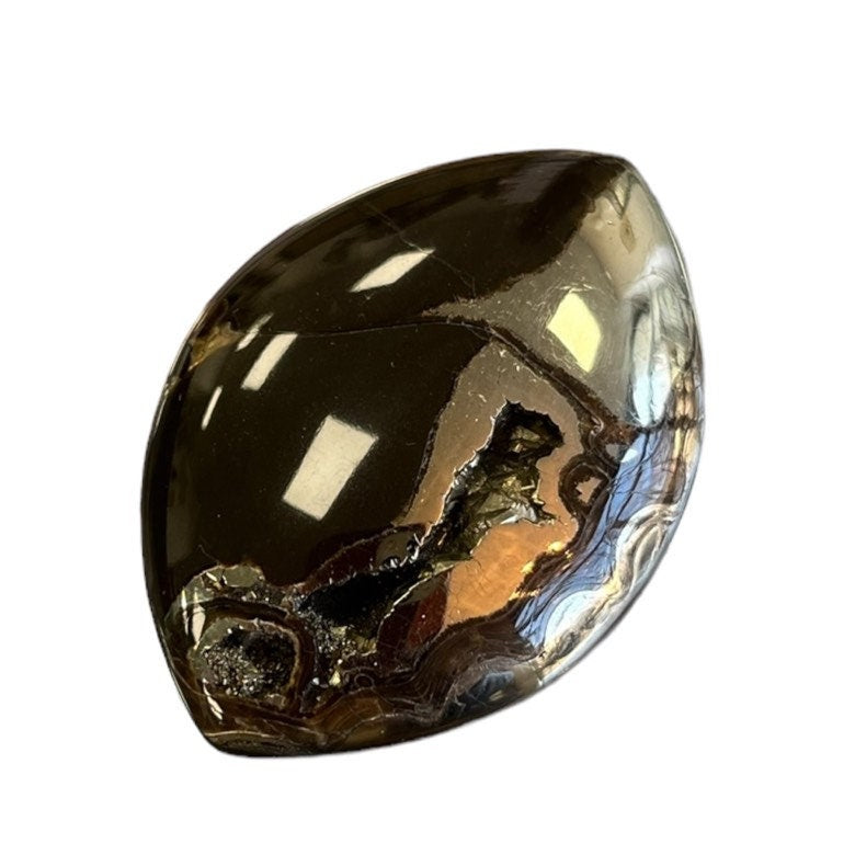 Pyritized ammonite, AM_P075, cabochon cut, 46x33x8 mm; 19g;