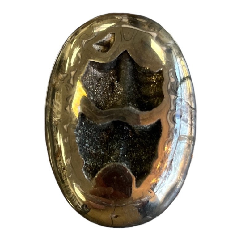 Pyritisierter Ammonit, AM_P073, Cabochon-Schliff, 45x32x7 mm; 20,3 g;